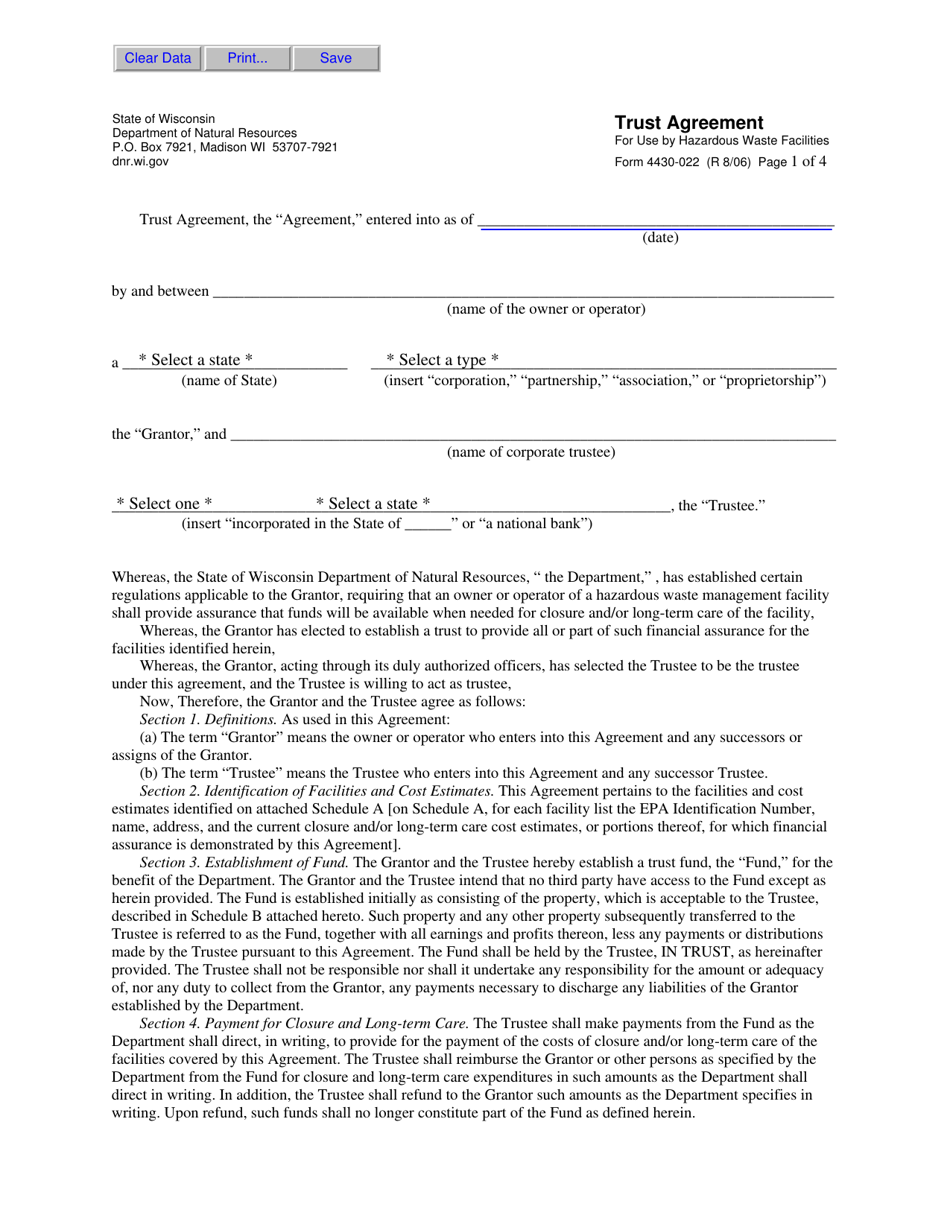 Form 4430-022 Trust Agreement for Use by Hazardous Waste Facilities - Wisconsin, Page 1