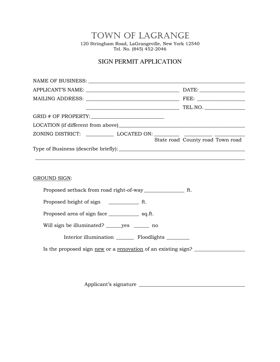 Sign Permit Application (Ground Installed) - Town of LaGrange, New York, Page 1