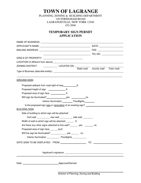 Temporary Sign Permit Application - Town of LaGrange, New York Download Pdf