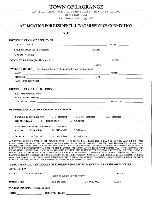 Application for Residential Water Service Connection - Town of LaGrange, New York