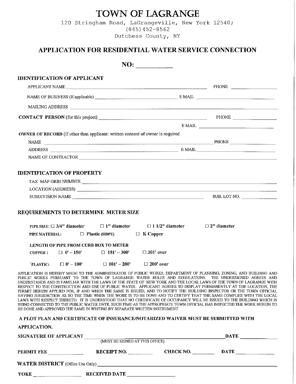 Application for Residential Water Service Connection - Town of LaGrange, New York, Page 1
