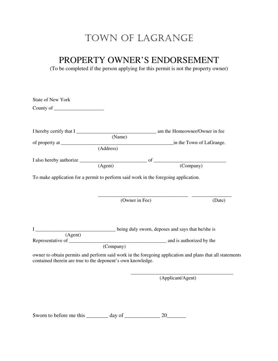 Town of LaGrange, New York Property Owner's Endorsement Fill Out