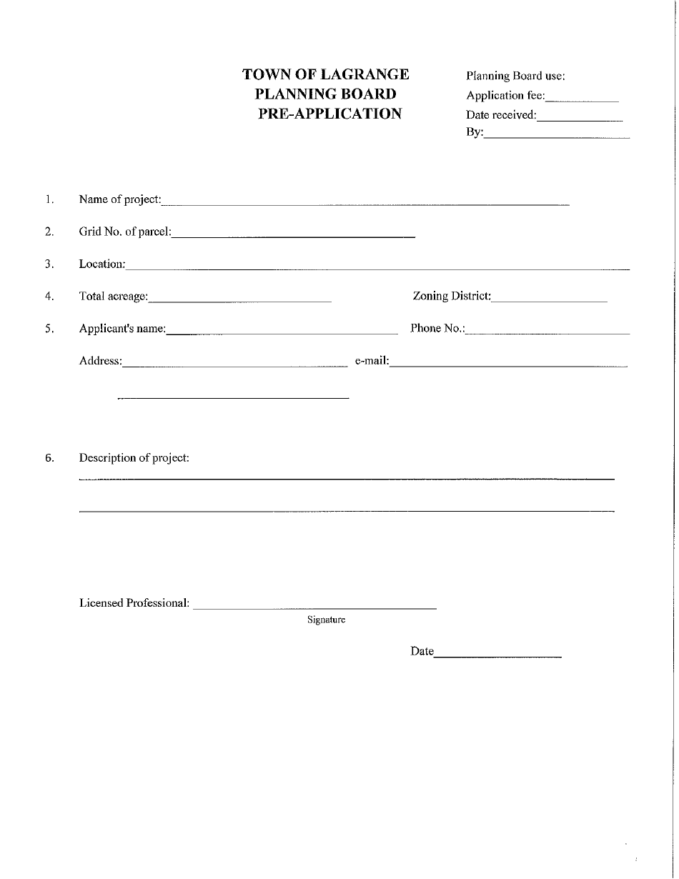 Town of LaGrange, New York Planning Preapplication Fill Out, Sign