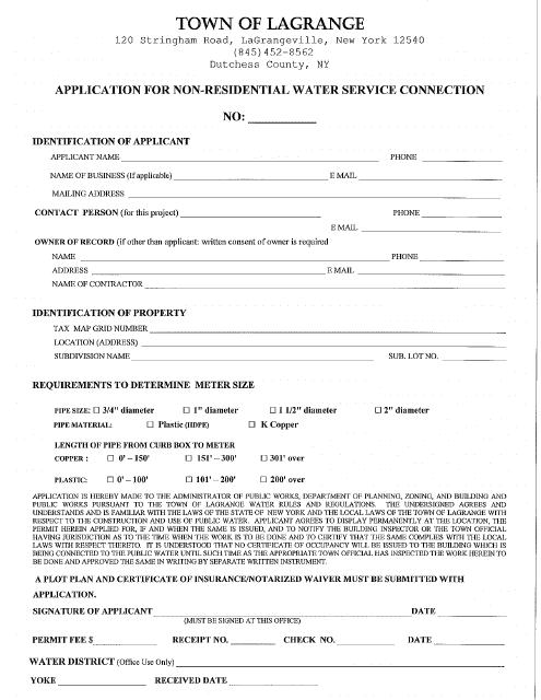 Application for Non-residential Water Service Connection - Town of LaGrange, New York