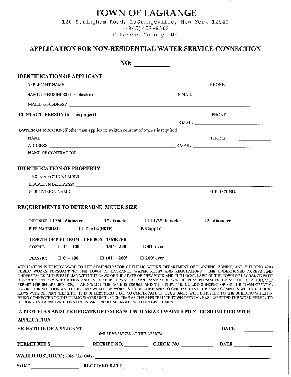 Application for Non-residential Water Service Connection - Town of LaGrange, New York, Page 1