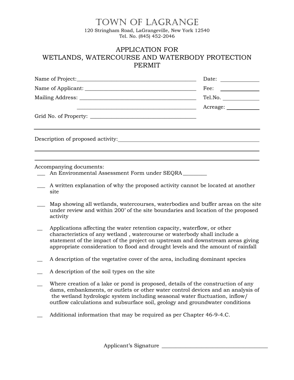 Application for Wetlands, Watercourse and Waterbody Protection Permit - Town of LaGrange, New York, Page 1