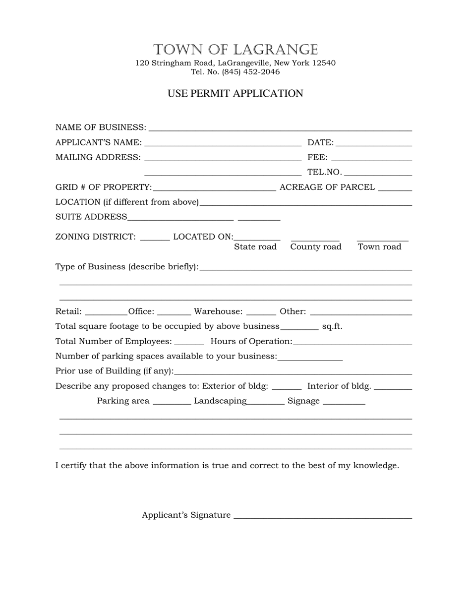 Town of LaGrange, New York Use Permit Application Fill Out, Sign