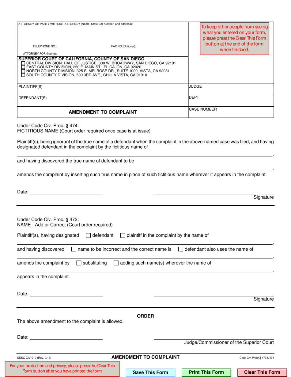 Form CIV-012 Amendment to Complaint - County of San Diego, California, Page 1