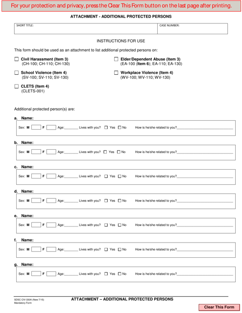 Form CIV-330A Attachment - Additional Protected Persons - County of San Diego, California