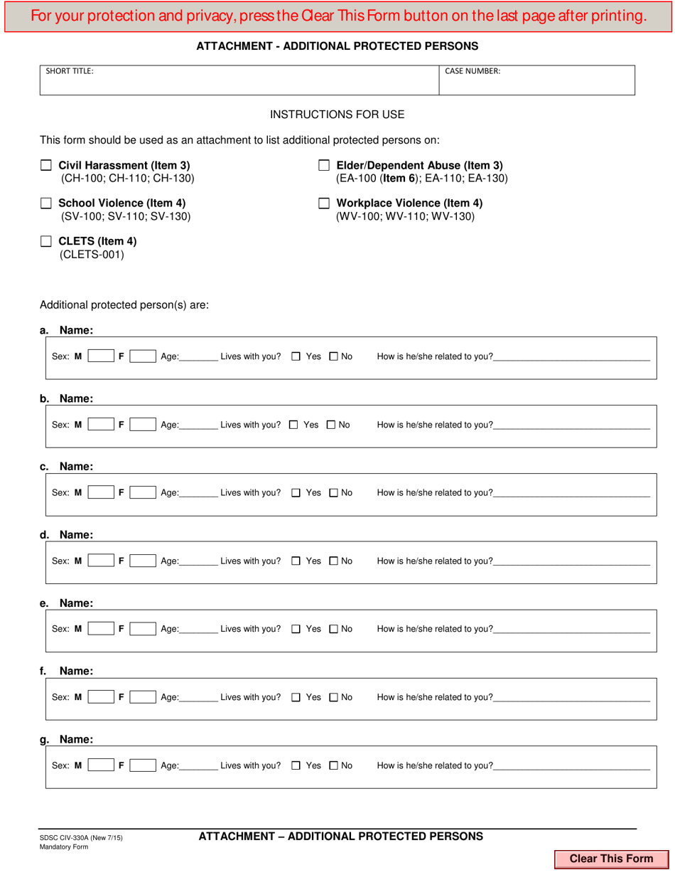 Form CIV-330A Attachment - Additional Protected Persons - County of San Diego, California, Page 1