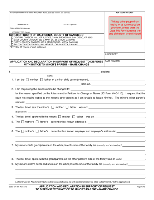 Form CIV-256 Application and Declaration in Support of Request to Dispense With Notice to Minor's Parent - Name Change - County of San Diego, California
