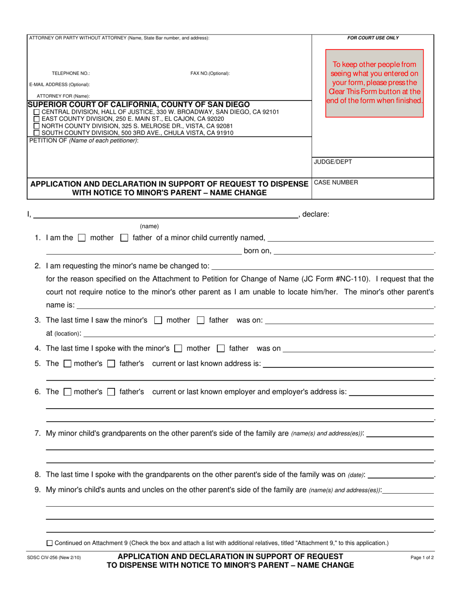 Form CIV-256 Application and Declaration in Support of Request to Dispense With Notice to Minors Parent - Name Change - County of San Diego, California, Page 1
