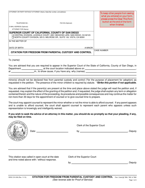 Form CIV-036 Citation for Freedom From Parental Custody and Control - County of San Diego, California