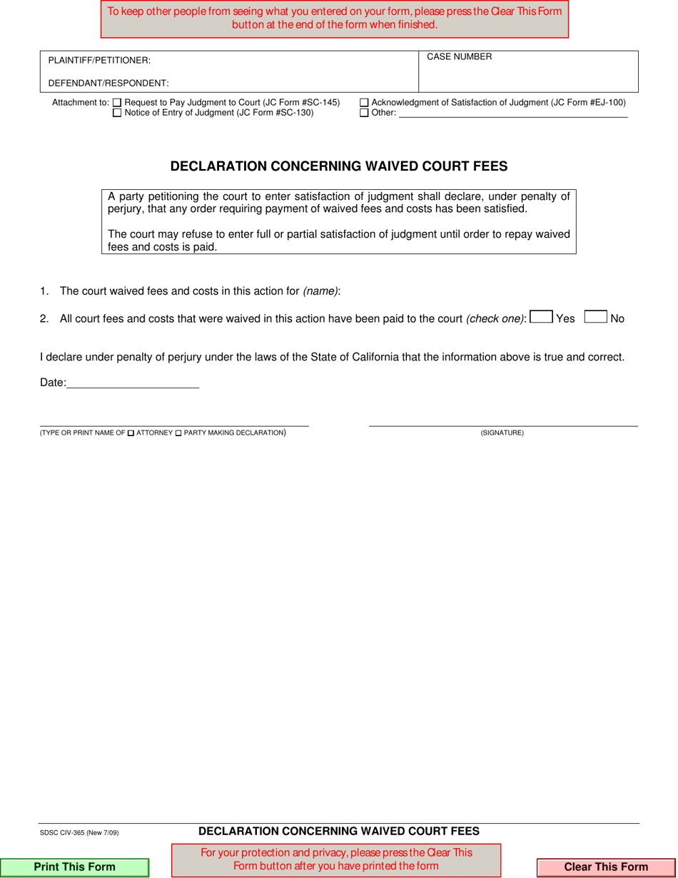 Form CIV-365 Declaration Concerning Waived Court Fees - County of San Diego, California, Page 1