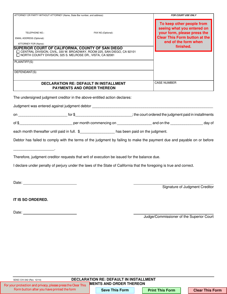 Form CIV-242 Declaration Re: Default in Installment Payments and Order Thereon - County of San Diego, California, Page 1
