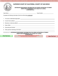 Document preview: Form ADM-260 Defendant/Respondent Information for Order Appointing Attorney Under Servicemembers Civil Relief Act (Scra) - County of San Diego, California