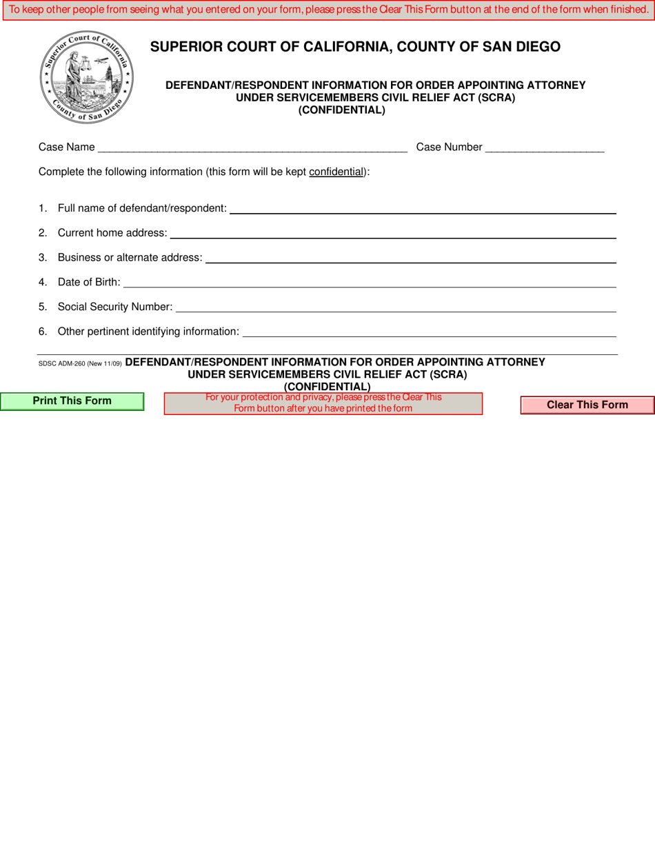 Form ADM-260 Defendant / Respondent Information for Order Appointing Attorney Under Servicemembers Civil Relief Act (Scra) - County of San Diego, California, Page 1