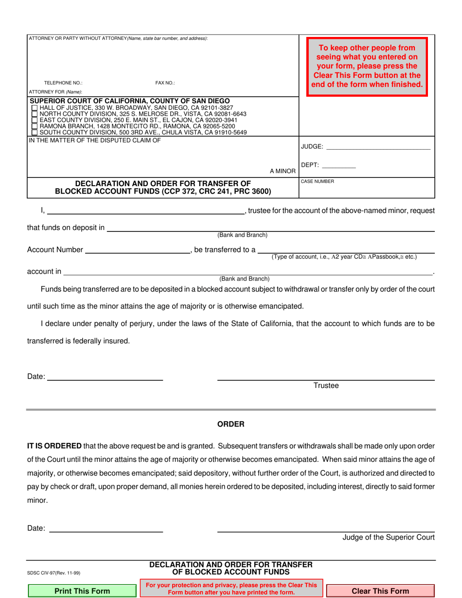 Form CIV-97 Declaration and Order for Transfer of Blocked Account Funds - County of San Diego, California, Page 1