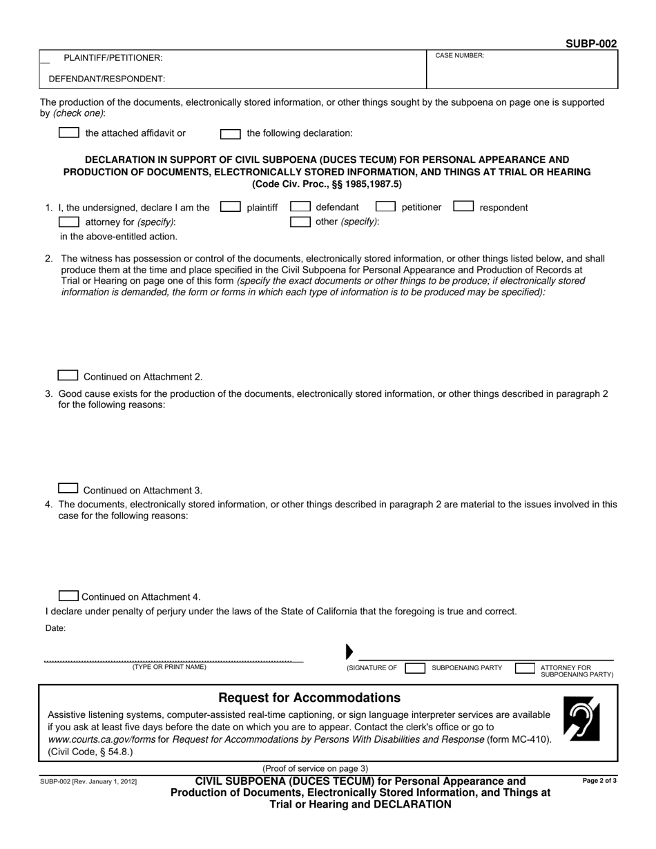 Form SUBP-002 - Fill Out, Sign Online And Download Fillable PDF, County ...