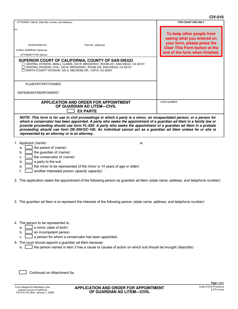 Form CIV-010 Application and Order for Appointment of Guardian Ad Litem - Civil - County of San Diego, California, Page 1