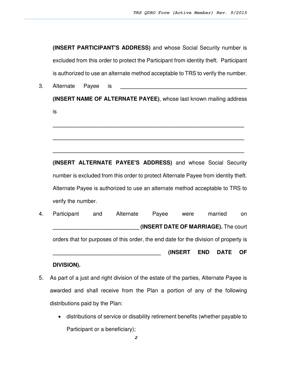 Trs Model Domestic Relations Order (Dro) for Active Member - Texas, Page 2
