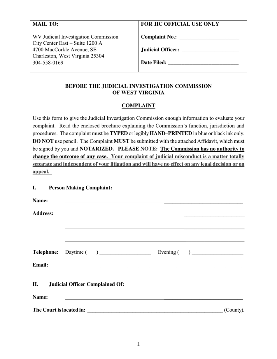 West Virginia Judicial Investigation Commission Complaint Form Fill Out Sign Online And 7350