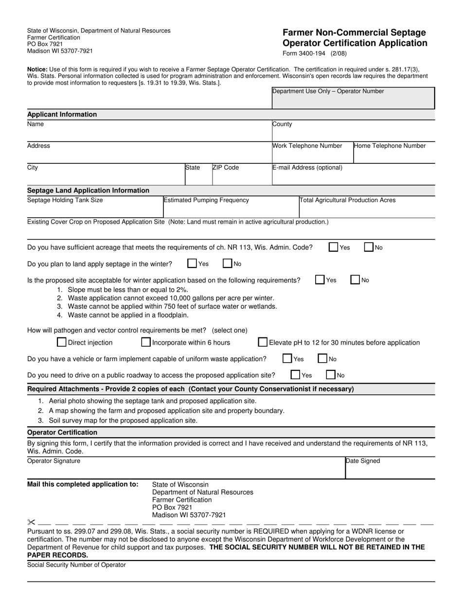 Form 3400-194 Farmer Non-commercial Septage Operator Certification Application - Wisconsin, Page 1