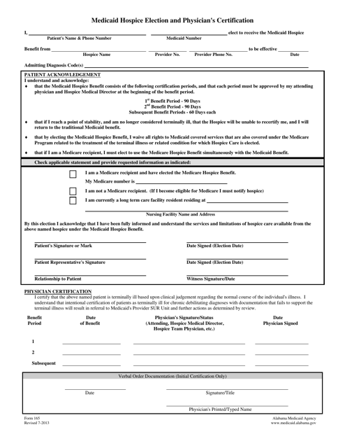 Form 165 Medicaid Hospice Election and Physician&#039;s Certification - Alabama