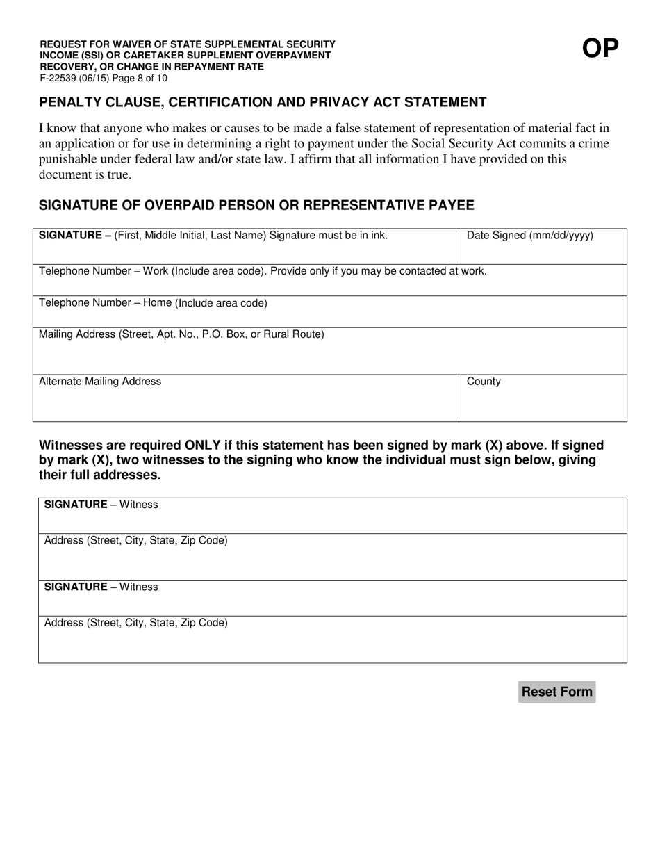 Form F-22539 Request for Waiver of State Supplemental Security Income (Ssi) or Caretaker Supplement Overpayment Recovery or Change in Repayment Rate - Wisconsin, Page 8