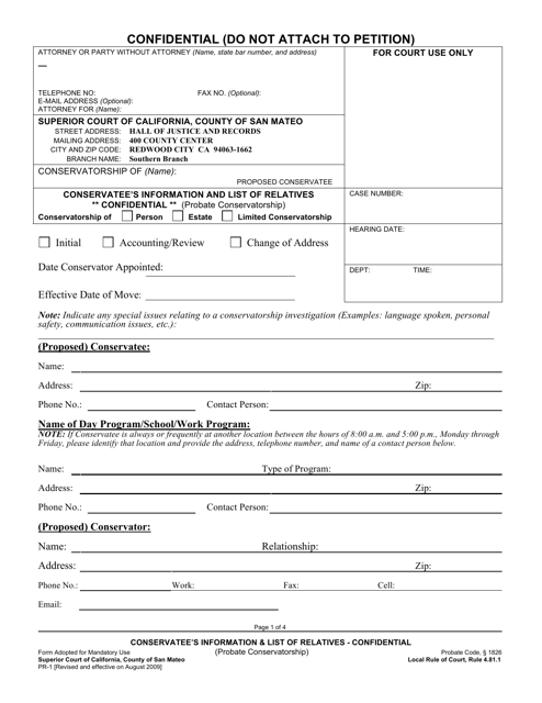Form PR-1 Conservatee's Information and List of Relatives - County of San Mateo, California