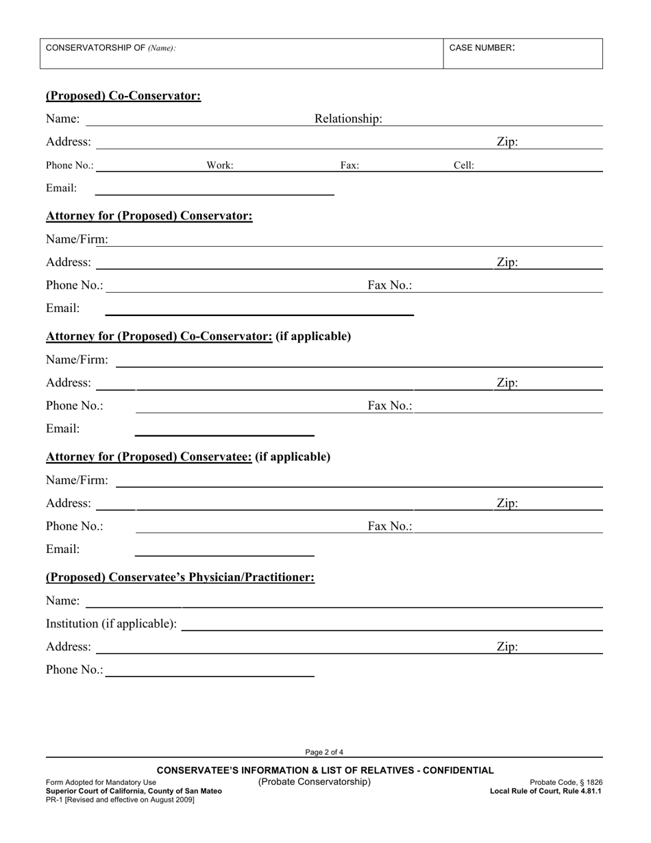 Form PR-1 Conservatees Information and List of Relatives - County of San Mateo, California, Page 2