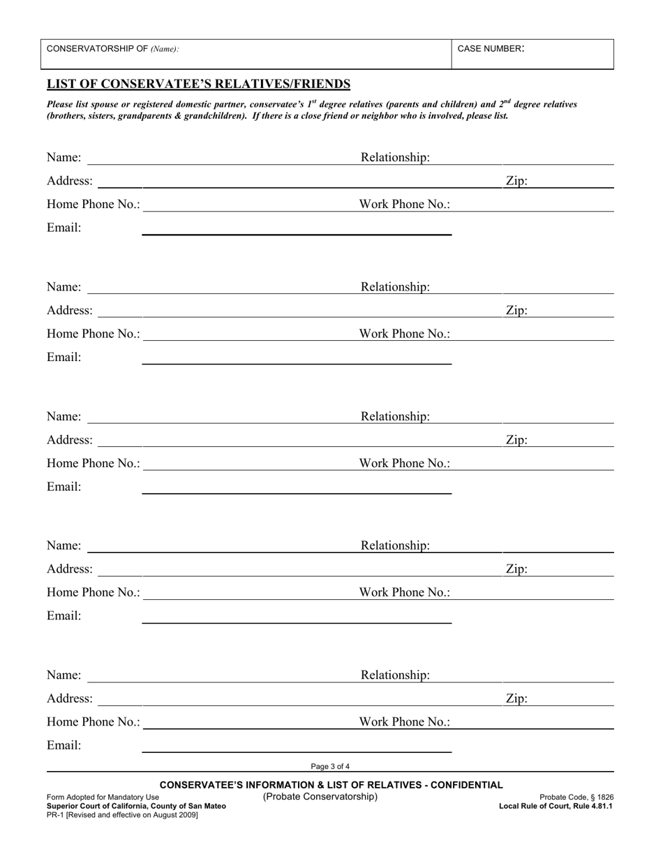Form PR-1 Conservatees Information and List of Relatives - County of San Mateo, California, Page 3