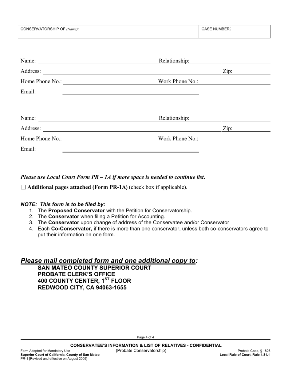 Form PR-1 Conservatees Information and List of Relatives - County of San Mateo, California, Page 4