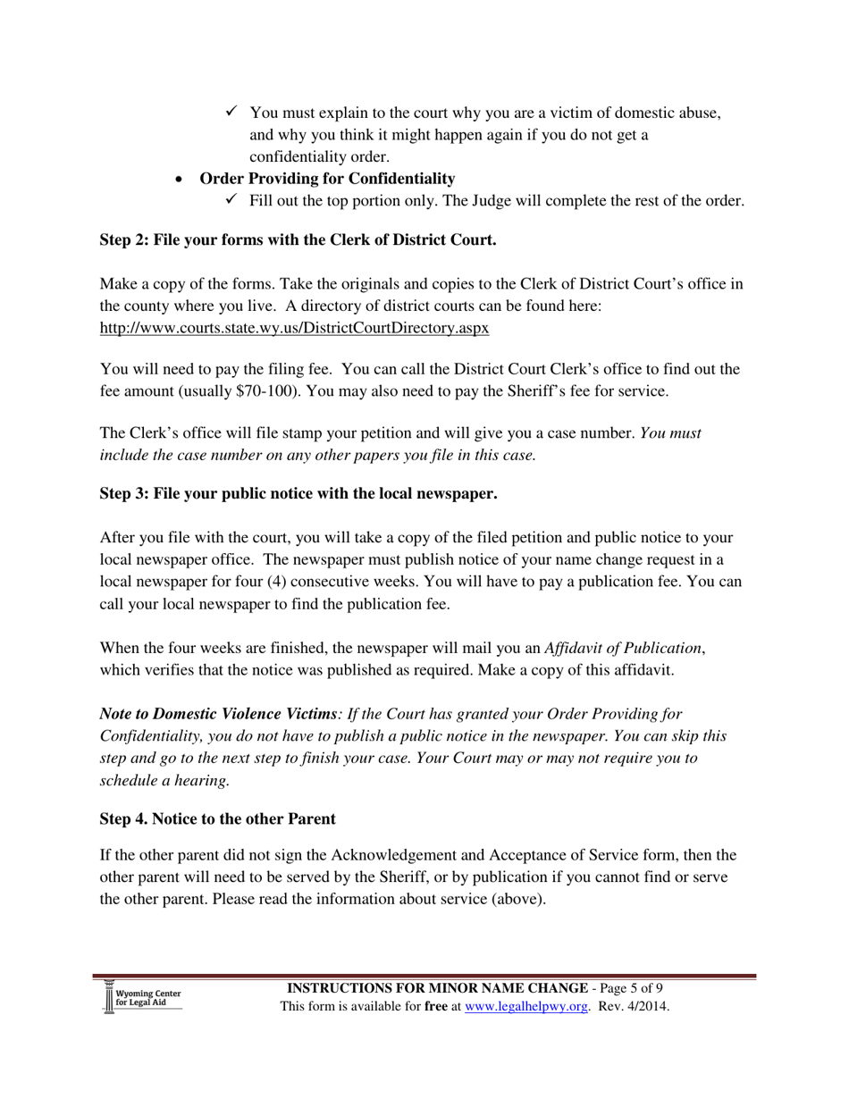 Instructions for Name Change - Minor Child - Wyoming, Page 5