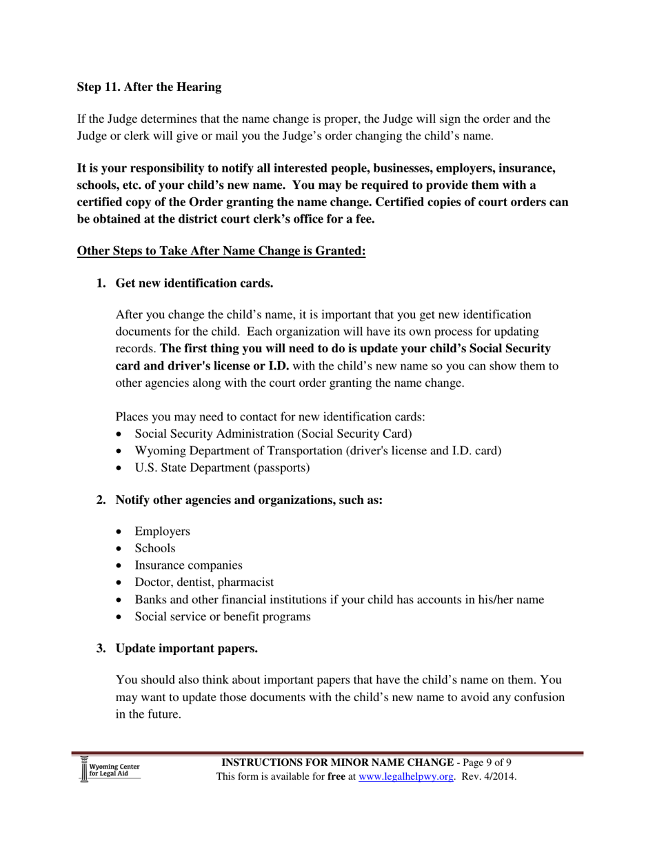 Instructions for Name Change - Minor Child - Wyoming, Page 9