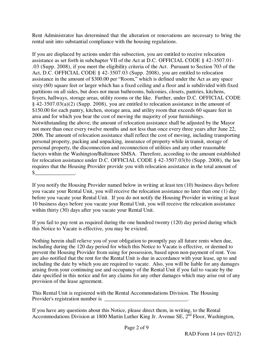 RAD Form 14 120 Day Notice to Vacate for Renovations or Alterations - Washington, D.C., Page 2