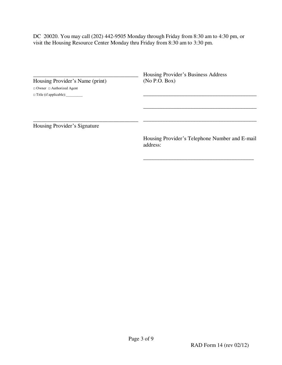 RAD Form 14 120 Day Notice to Vacate for Renovations or Alterations - Washington, D.C., Page 3