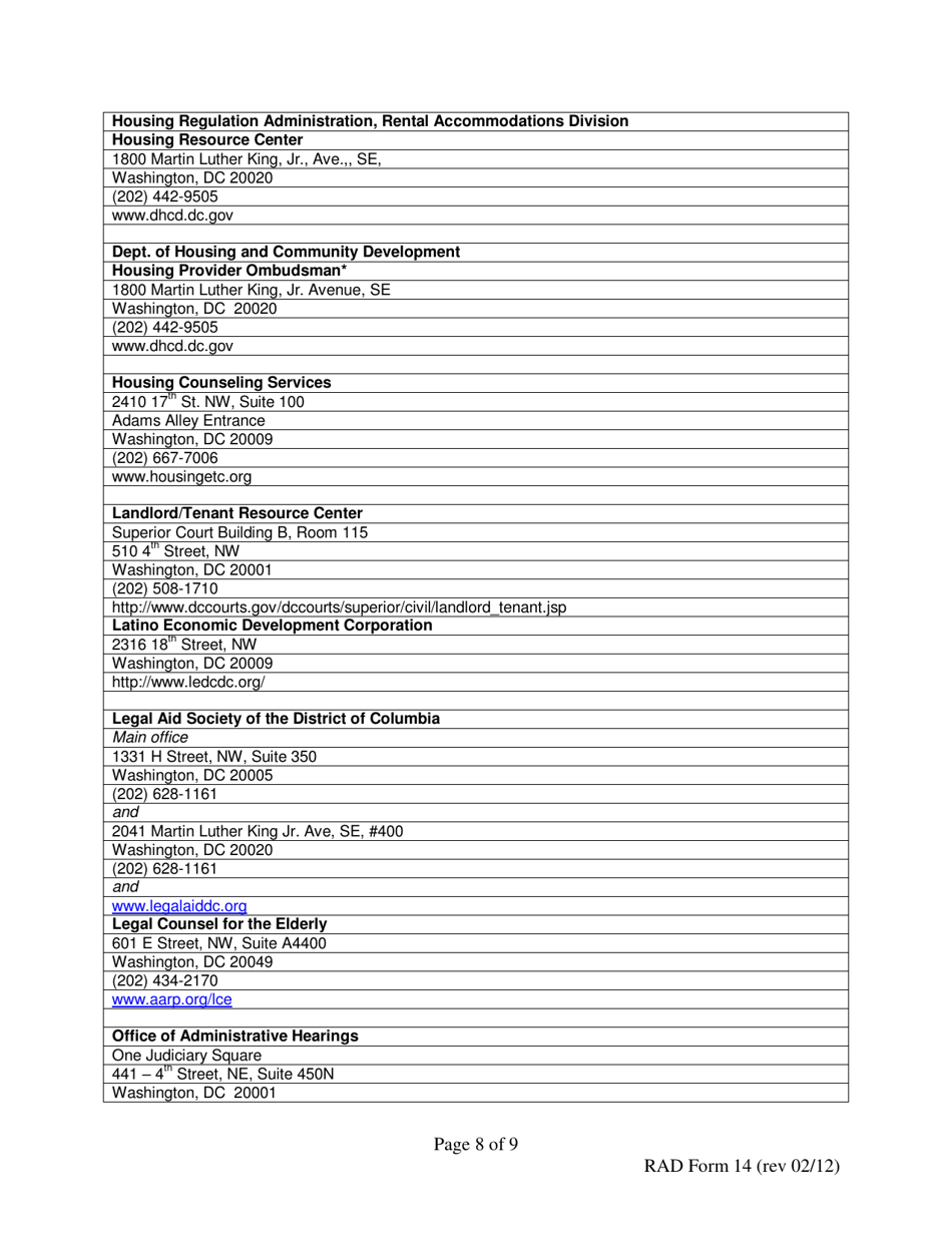 RAD Form 14 120 Day Notice to Vacate for Renovations or Alterations - Washington, D.C., Page 8