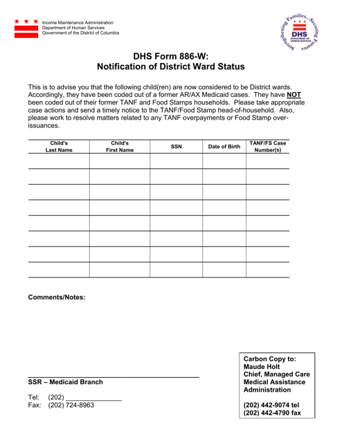 DHS Form 886-W Notification of District Ward Status - Washington, D.C.