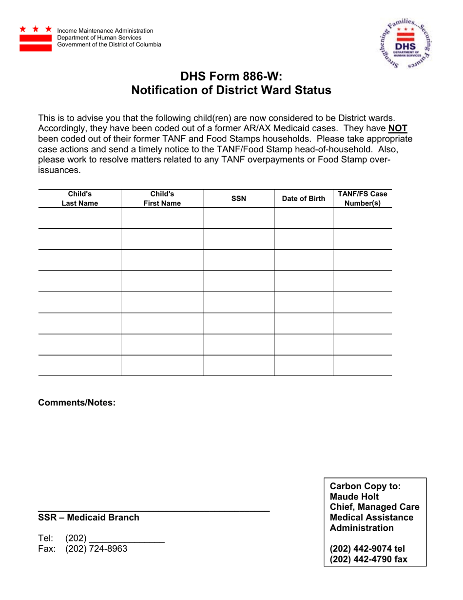 DHS Form 886-W Notification of District Ward Status - Washington, D.C., Page 1
