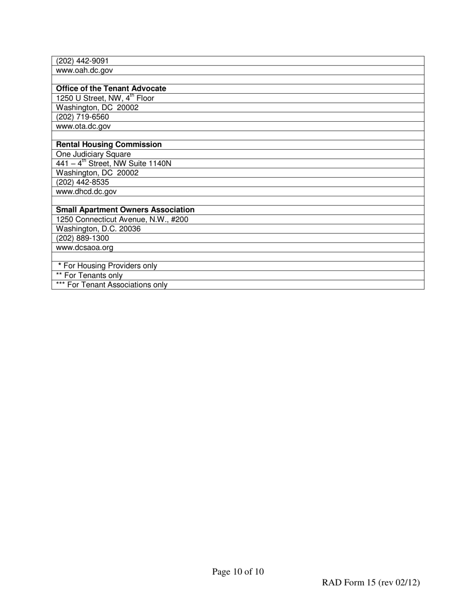 RAD Form 15 180 Day Notice to Vacate for Demolition - Washington, D.C., Page 10