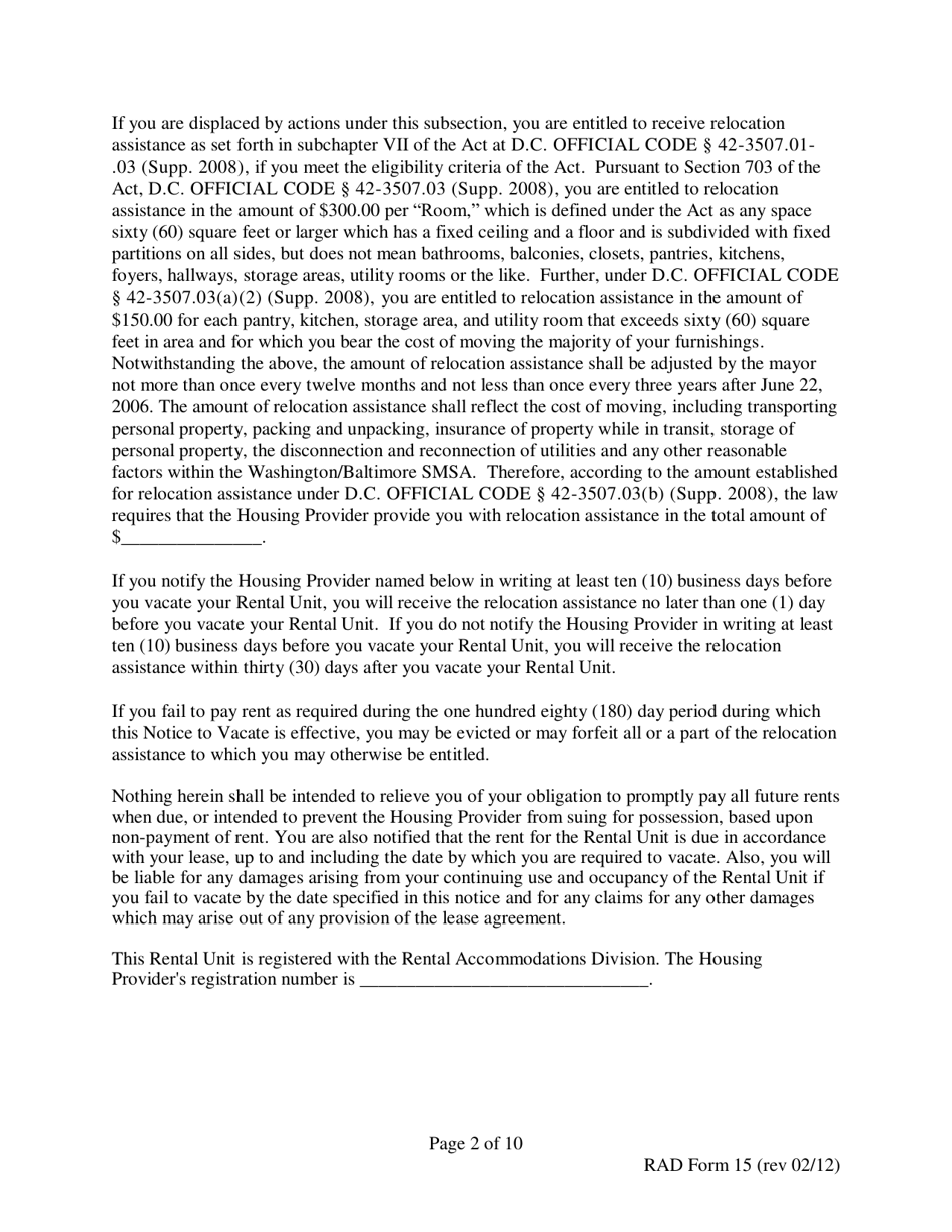 RAD Form 15 180 Day Notice to Vacate for Demolition - Washington, D.C., Page 2