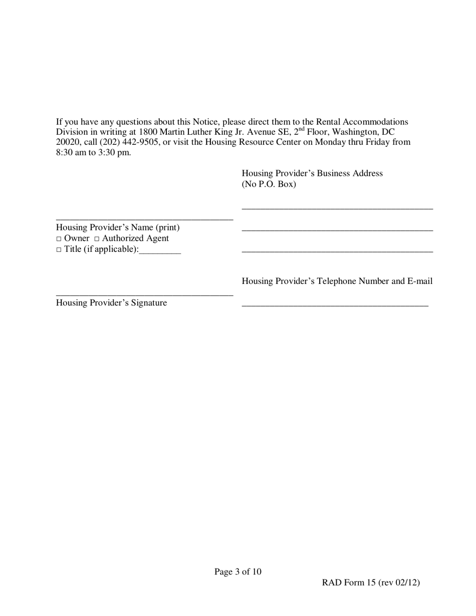 RAD Form 15 180 Day Notice to Vacate for Demolition - Washington, D.C., Page 3