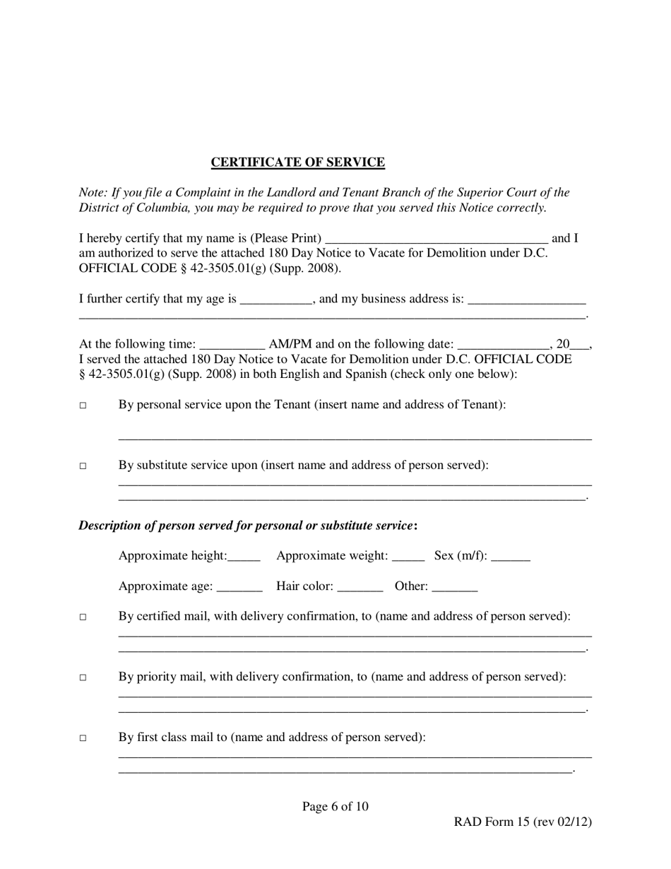 RAD Form 15 180 Day Notice to Vacate for Demolition - Washington, D.C., Page 6