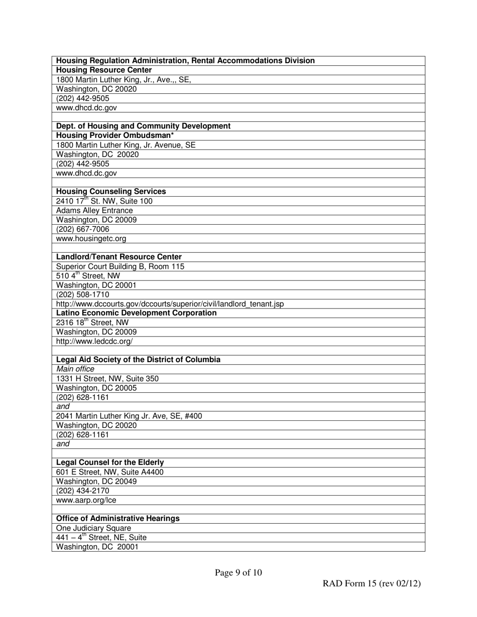 RAD Form 15 180 Day Notice to Vacate for Demolition - Washington, D.C., Page 9