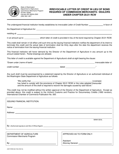 AGR Form 940-7003  Printable Pdf