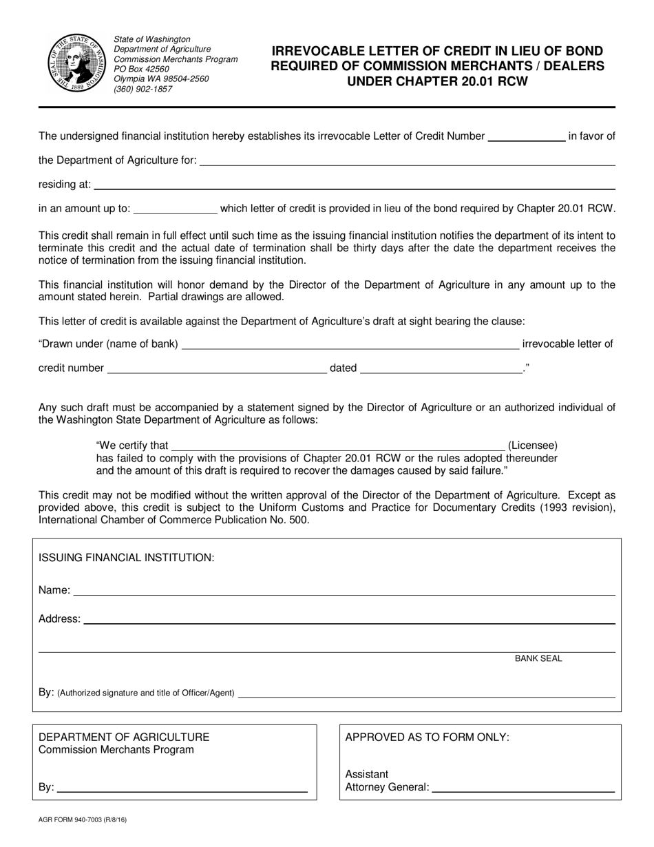 AGR Form 940-7003 Irrevocable Letter of Credit in Lieu of Bond Required of Commission Merchants / Dealers Under Chapter 20.01 Rcw - Washington, Page 1