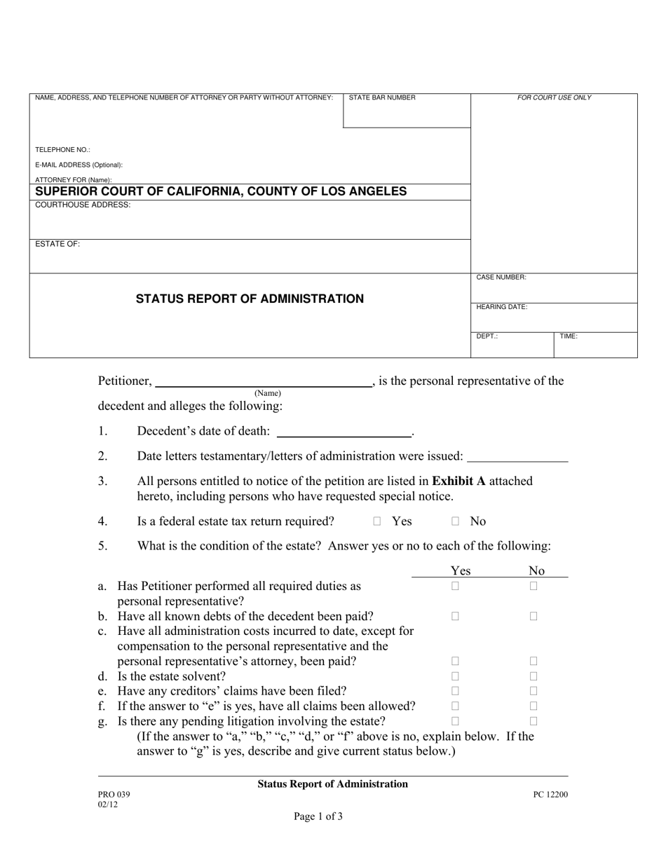 Form PRO039 Status Report of Administration - County of Los Angeles, California, Page 1