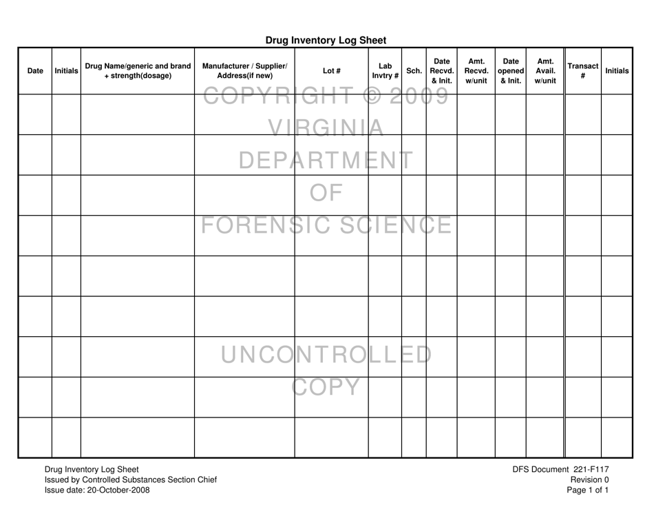 DFS Form 221-F117 Drug Inventory Log Sheet - Virginia, Page 1