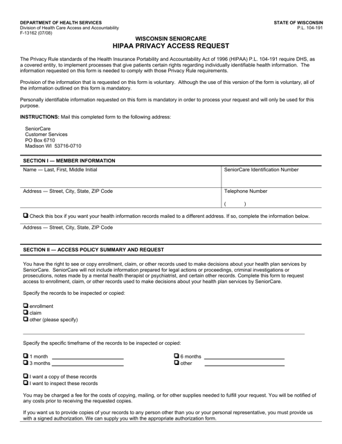 Form F-13162 HIPAA Privacy Access Request - Wisconsin Seniorcare - Wisconsin